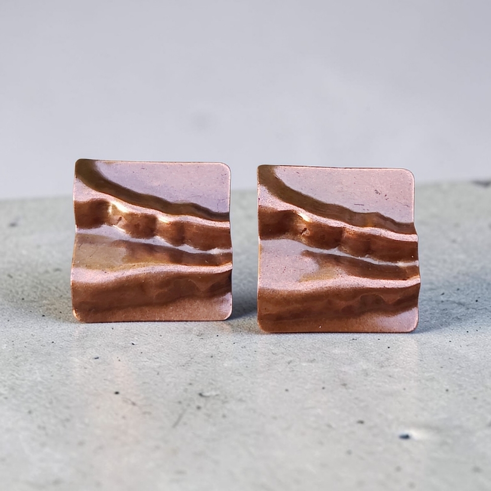 Vintage Modernist Copper Wavy Square Pierced Earrings